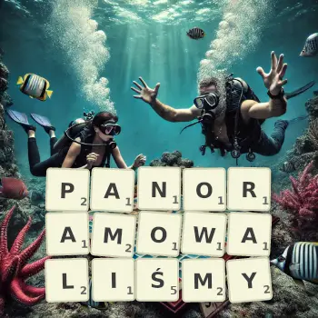 Kreatywna ilustracja do gry w Scrabble ze słowem PANORAMOWALIŚMY ułożonym z płytek na planszy.