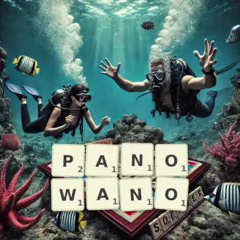 Kreatywna ilustracja do gry w Scrabble ze słowem PANOWANO ułożonym z płytek na planszy.