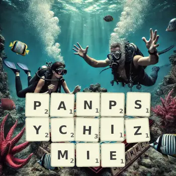 Kreatywna ilustracja do gry w Scrabble ze słowem PANPSYCHIZMIE ułożonym z płytek na planszy.