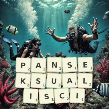 Kreatywna ilustracja do gry w Scrabble ze słowem PANSEKSUALISCI ułożonym z płytek na planszy.