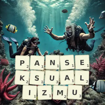 Kreatywna ilustracja do gry w Scrabble ze słowem PANSEKSUALIZMU ułożonym z płytek na planszy.