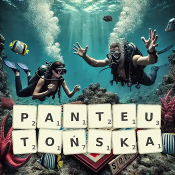 Kreatywna ilustracja do gry w Scrabble ze słowem PANTEUTOŃSKA ułożonym z płytek na planszy.