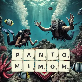 Kreatywna ilustracja do gry w Scrabble ze słowem PANTOMIMOM ułożonym z płytek na planszy.