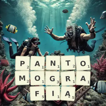 Kreatywna ilustracja do gry w Scrabble ze słowem PANTOMOGRAFIĄ ułożonym z płytek na planszy.