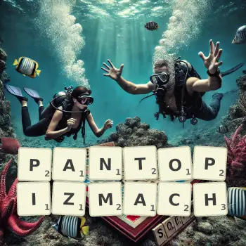 Kreatywna ilustracja do gry w Scrabble ze słowem PANTOPIZMACH ułożonym z płytek na planszy.