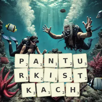 Kreatywna ilustracja do gry w Scrabble ze słowem PANTURKISTKACH ułożonym z płytek na planszy.