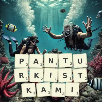 Kreatywna ilustracja do gry w Scrabble ze słowem PANTURKISTKAMI ułożonym z płytek na planszy.