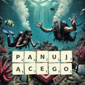 Kreatywna ilustracja do gry w Scrabble ze słowem PANUJĄCEGO ułożonym z płytek na planszy.