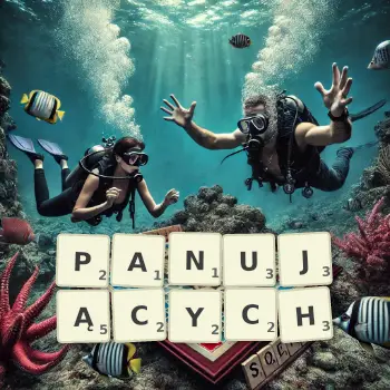 Kreatywna ilustracja do gry w Scrabble ze słowem PANUJĄCYCH ułożonym z płytek na planszy.
