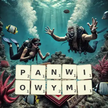Kreatywna ilustracja do gry w Scrabble ze słowem PANWIOWYMI ułożonym z płytek na planszy.