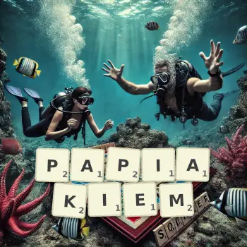 Kreatywna ilustracja do gry w Scrabble ze słowem PAPIAKIEM ułożonym z płytek na planszy.