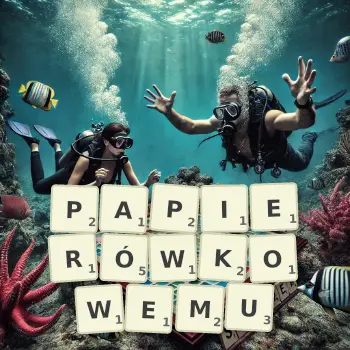 Kreatywna ilustracja do gry w Scrabble ze słowem PAPIERÓWKOWEMU ułożonym z płytek na planszy.