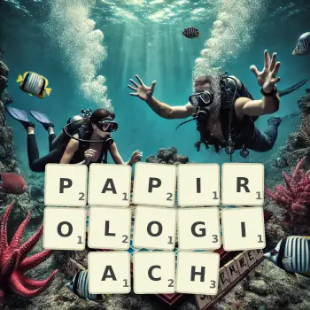 Kreatywna ilustracja do gry w Scrabble ze słowem PAPIROLOGIACH ułożonym z płytek na planszy.