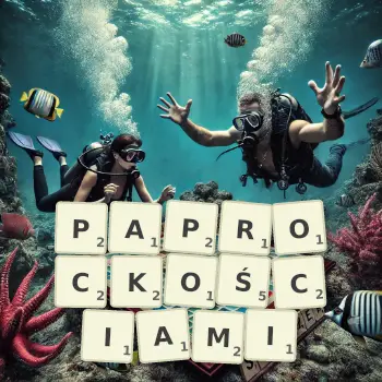 Kreatywna ilustracja do gry w Scrabble ze słowem PAPROCKOŚCIAMI ułożonym z płytek na planszy.