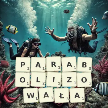 Kreatywna ilustracja do gry w Scrabble ze słowem PARABOLIZOWAŁA ułożonym z płytek na planszy.