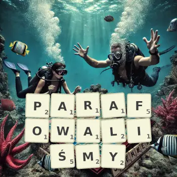 Kreatywna ilustracja do gry w Scrabble ze słowem PARAFOWALIŚMY ułożonym z płytek na planszy.
