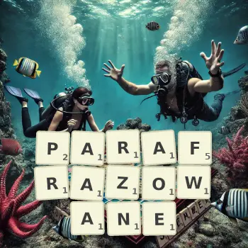 Kreatywna ilustracja do gry w Scrabble ze słowem PARAFRAZOWANE ułożonym z płytek na planszy.