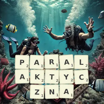 Kreatywna ilustracja do gry w Scrabble ze słowem PARALAKTYCZNA ułożonym z płytek na planszy.