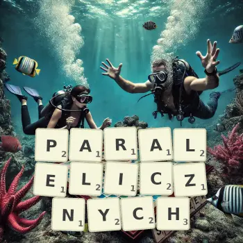 Kreatywna ilustracja do gry w Scrabble ze słowem PARALELICZNYCH ułożonym z płytek na planszy.