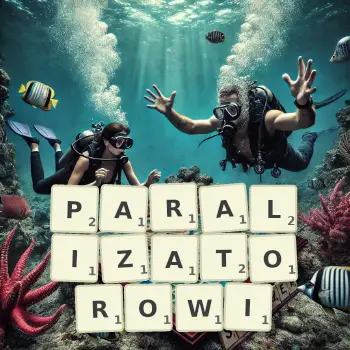 Kreatywna ilustracja do gry w Scrabble ze słowem PARALIZATOROWI ułożonym z płytek na planszy.