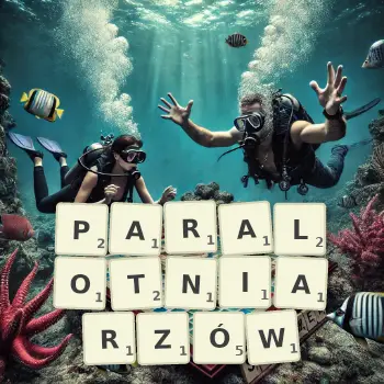 Kreatywna ilustracja do gry w Scrabble ze słowem PARALOTNIARZÓW ułożonym z płytek na planszy.