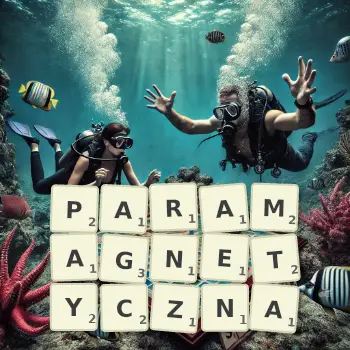 Kreatywna ilustracja do gry w Scrabble ze słowem PARAMAGNETYCZNA ułożonym z płytek na planszy.
