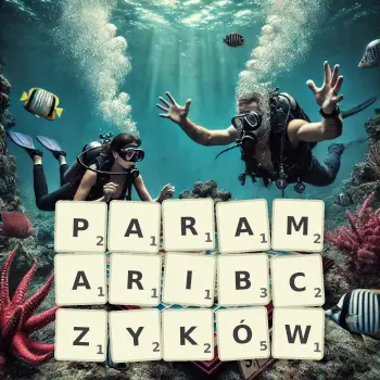 Kreatywna ilustracja do gry w Scrabble ze słowem PARAMARIBCZYKÓW ułożonym z płytek na planszy.