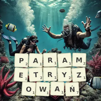 Kreatywna ilustracja do gry w Scrabble ze słowem PARAMETRYZOWAŃ ułożonym z płytek na planszy.
