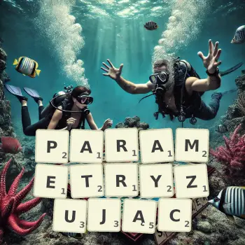 Kreatywna ilustracja do gry w Scrabble ze słowem PARAMETRYZUJĄC ułożonym z płytek na planszy.