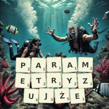 Kreatywna ilustracja do gry w Scrabble ze słowem PARAMETRYZUJŻE ułożonym z płytek na planszy.