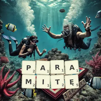 Kreatywna ilustracja do gry w Scrabble ze słowem PARAMITĘ ułożonym z płytek na planszy.