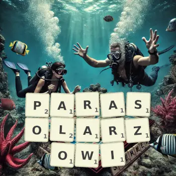 Kreatywna ilustracja do gry w Scrabble ze słowem PARASOLARZOWI ułożonym z płytek na planszy.