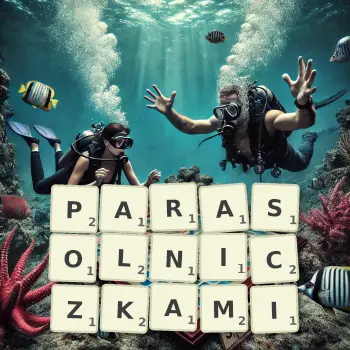Kreatywna ilustracja do gry w Scrabble ze słowem PARASOLNICZKAMI ułożonym z płytek na planszy.