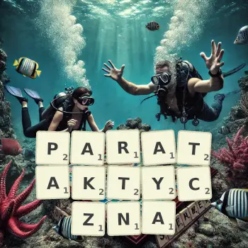 Kreatywna ilustracja do gry w Scrabble ze słowem PARATAKTYCZNA ułożonym z płytek na planszy.