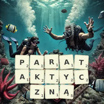 Kreatywna ilustracja do gry w Scrabble ze słowem PARATAKTYCZNĄ ułożonym z płytek na planszy.
