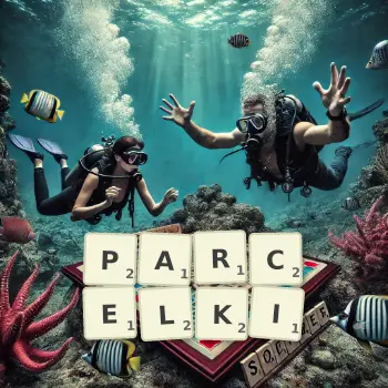 Kreatywna ilustracja do gry w Scrabble ze słowem PARCELKI ułożonym z płytek na planszy.