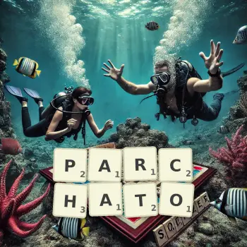 Kreatywna ilustracja do gry w Scrabble ze słowem PARCHATO ułożonym z płytek na planszy.