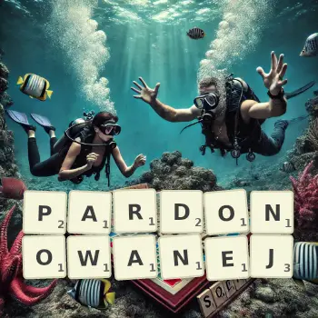 Kreatywna ilustracja do gry w Scrabble ze słowem PARDONOWANEJ ułożonym z płytek na planszy.