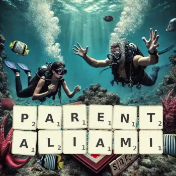 Kreatywna ilustracja do gry w Scrabble ze słowem PARENTALIAMI ułożonym z płytek na planszy.