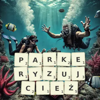 Kreatywna ilustracja do gry w Scrabble ze słowem PARKERYZUJCIEŻ ułożonym z płytek na planszy.