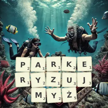 Kreatywna ilustracja do gry w Scrabble ze słowem PARKERYZUJMYŻ ułożonym z płytek na planszy.