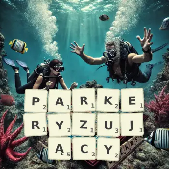 Kreatywna ilustracja do gry w Scrabble ze słowem PARKERYZUJĄCY ułożonym z płytek na planszy.