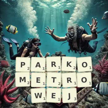 Kreatywna ilustracja do gry w Scrabble ze słowem PARKOMETROWEJ ułożonym z płytek na planszy.