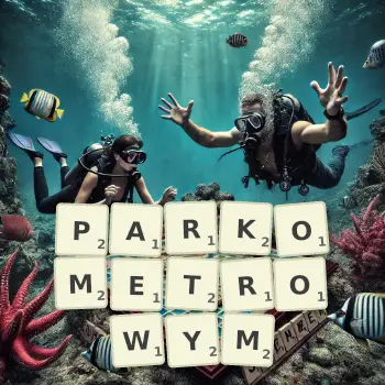 Kreatywna ilustracja do gry w Scrabble ze słowem PARKOMETROWYM ułożonym z płytek na planszy.