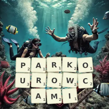 Kreatywna ilustracja do gry w Scrabble ze słowem PARKOUROWCAMI ułożonym z płytek na planszy.