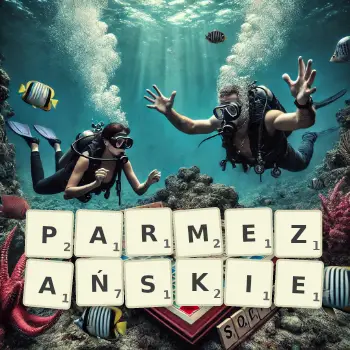 Kreatywna ilustracja do gry w Scrabble ze słowem PARMEZAŃSKIE ułożonym z płytek na planszy.