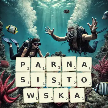 Kreatywna ilustracja do gry w Scrabble ze słowem PARNASISTOWSKA ułożonym z płytek na planszy.