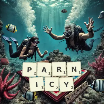 Kreatywna ilustracja do gry w Scrabble ze słowem PARNICY ułożonym z płytek na planszy.