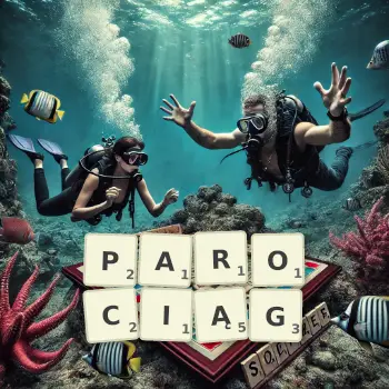 Kreatywna ilustracja do gry w Scrabble ze słowem PAROCIĄG ułożonym z płytek na planszy.