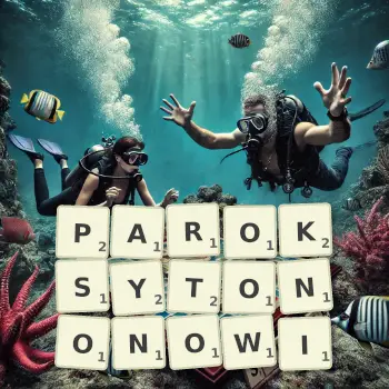 Kreatywna ilustracja do gry w Scrabble ze słowem PAROKSYTONONOWI ułożonym z płytek na planszy.